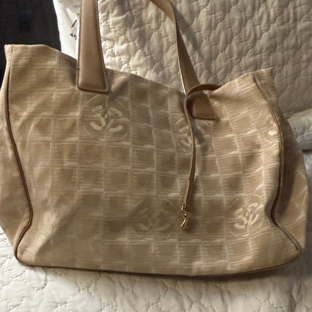 Neutral Beige Chanel Travel line   Logo-Patterned Tote Bag